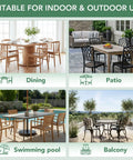 Collage of dining, patio, pool, and balcony furniture setups suitable for indoor and outdoor use.