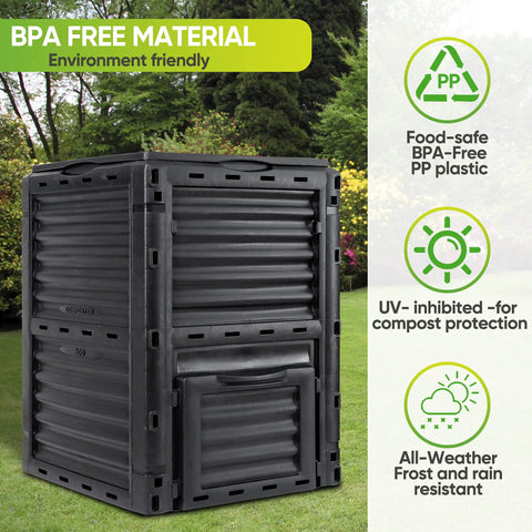 Front view of 80 Gallon Outdoor Compost Bin with BPA Free Material, easy to assemble, large capacity, lightweight black plastic.