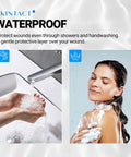 Person washing hands under tap and woman using skincare product in shower, promoting waterproof protection for skin.