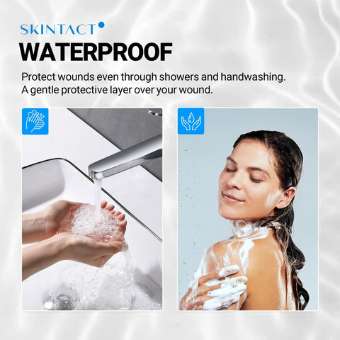 Person washing hands under tap and woman using skincare product in shower, promoting waterproof protection for skin.