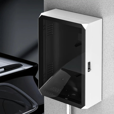 Heavy Duty Wall Mount EV Charger Cover For Outside Straight Up Weatherproof Electric Vehicle Charging Station Shell Built Tough With Key And Combination Lock Universal Tesla Fit mounted on wall.