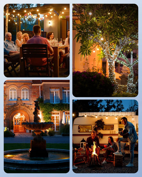 Top Tier Outdoor Weatherproof Light Timer Featuring Built In Daylight Detector And Flexible Dusk To Dawn Or Custom Hour Schedules For Backyard Scapes With A Hassle Free Plug And Play 12 Foot Extension Cord, illuminating outdoor gathering at night.