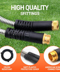 Close-up of No Tangle 25ft Stainless Steel Garden Hose With Ten Function Adjustable Spray Nozzle fittings on grass