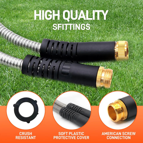 Close-up of No Tangle 25ft Stainless Steel Garden Hose With Ten Function Adjustable Spray Nozzle fittings on grass