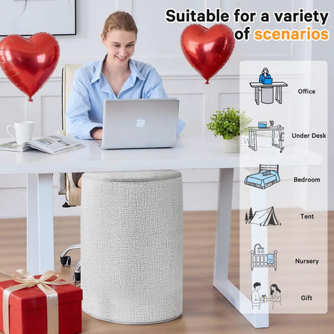 Woman using Under Desk Heater For Home Or Office Quiet Portable Space Warmer with heart balloons and gift under a desk.