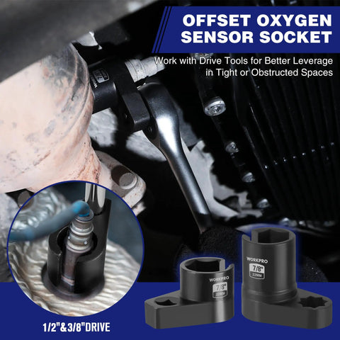 Close-up of 7Pc O2 Oxygen Sensor Socket Set for Auto Repairs, includes drive sockets for vehicle sensor installation.