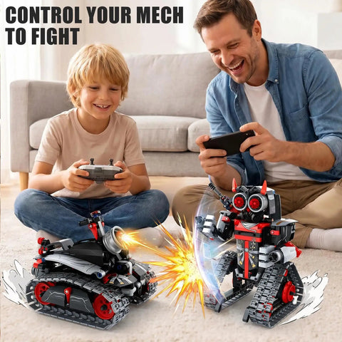Father and son controlling 3 In 1 Remote Control Building Kit For Kids 6-12 With App Control Build A RC Tracked Car Robot Or Racing Tank 419 PCS STEM Educational Toy Set For Boys And Girls Awesome Gift For Curious Builders