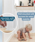 Auto Retractable Stair Gate for Doorways and Stairs, Fits 21.7 to 32.3 Inch Openings, child adjusting white safety gate indoors