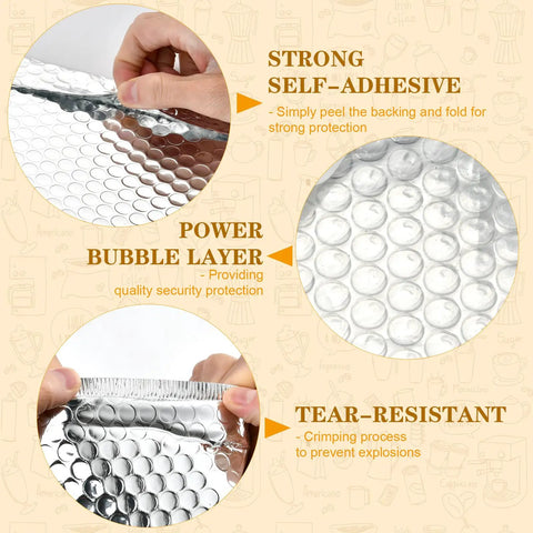 Close-up of 20 Pack 9x11 Inch Thermal Bubble Mailers with Insulated Metallic Foil showing self-adhesive and bubble layers