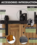 Triple Track Bypass Sliding Barn Door Hardware Kit For Interior Doors, detailed parts view including bracket and rubber cover.