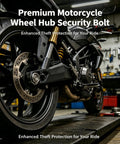 Motorcycle with wheel hub security bolt in garage showcasing premium theft protection hardware