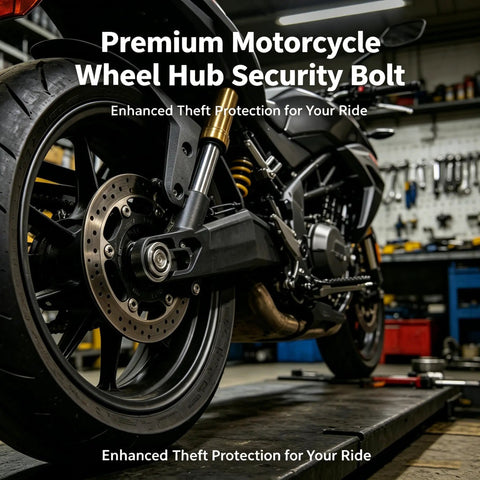 Motorcycle with wheel hub security bolt in garage showcasing premium theft protection hardware