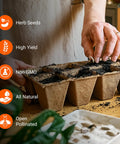 Person planting seeds in a biodegradable starter tray, showcasing Massive 4000 Heirloom Seed Herb Kit With 12 Varieties For Indoor And Outdoor Garden Non GMO Vegetable And Fruit Seeds 2026 Season High Yield Starter Pack with icons highlighting herb seeds, high yield, non-GMO, all natural, and open pollinated qualities.