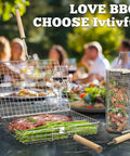 Removable Wooden Handle Grill Basket Set With 304 Stainless Steel Rolling BBQ Tools for grilling steak and vegetables outdoor.