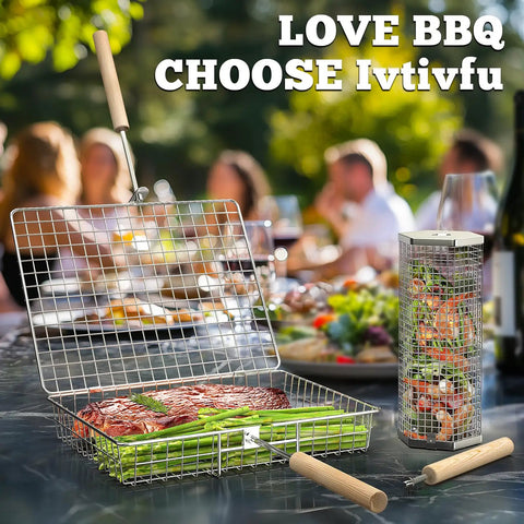 Removable Wooden Handle Grill Basket Set With 304 Stainless Steel Rolling BBQ Tools for grilling steak and vegetables outdoor.