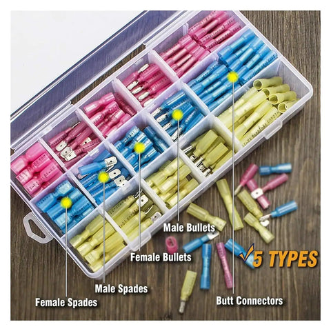 Solid 600 Piece Assortment Kit For Ring Lugs And Welded Heat Shrink Crimp Terminals With Electrical Wire Connector Essentials To Fix Any Wiring Mess Around Your Ride Or Workshop, 5 types