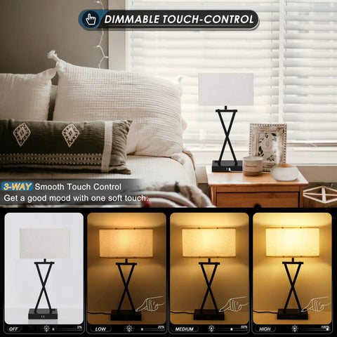 Set Of 2 Modern Table Lamps With 3 Way Dimmable Touch Control, Built In USB Ports And Outlet on bedroom nightstand, LED Bulbs Included