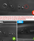 Comparison of Tesla Model 3/Y seat adjustment button replacement showing before and after installation with right power seat switch cover.