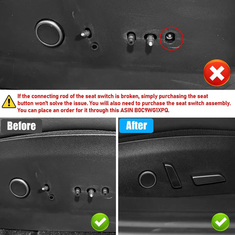 Comparison of Tesla Model 3/Y seat adjustment button replacement showing before and after installation with right power seat switch cover.