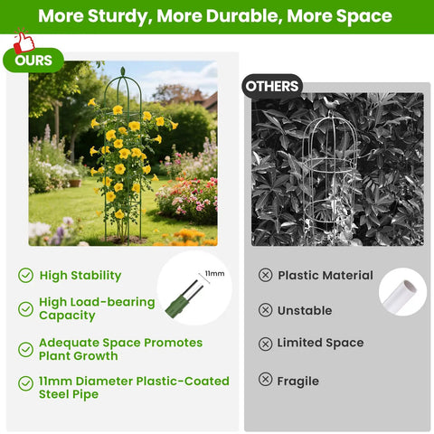 Comparison of garden obelisk trellis for climbing plants with rustproof metal design and plastic alternative showing durability.
