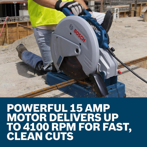GCO15 14 Inch Abrasive Cut Off Machine With 15 Amp Motor cutting metal rods on a construction site
