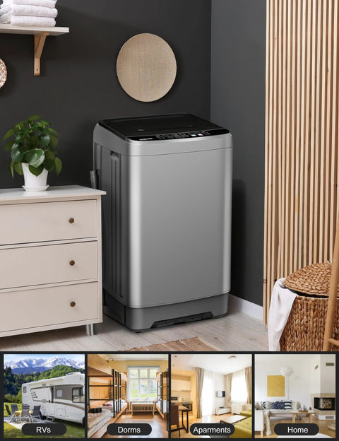 Lowkey Quiet Portable Washing Machine Full Automatic 2.0 Cubic Foot Compact Washer Grey in a modern living space.