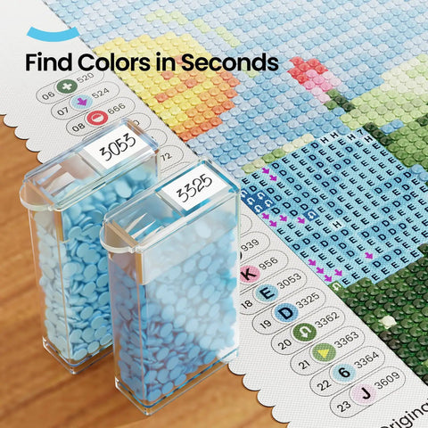 64 Jar Diamond Art Storage Kit With Clear Containers Portable Organizer And Label Sticker Set on diamond painting canvas.