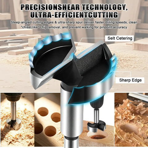 Precision Forstner Bit Set In Sizes Spanning A Quarter Inch Up To Two One Eighth Featuring Razor Sharp Serrated Tips showing sharp edge and self-centering design.