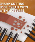 Leather Circle Cutter Set With 10 Round Punch Tools and clean cut holes in leather sample with visible high carbon steel dies.