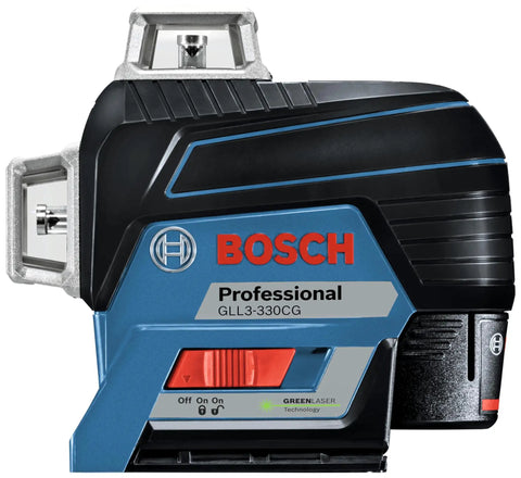 Boss Class 12V Max Three Plane Green Beam Laser Level featuring sleek design, control buttons, and green laser technology.