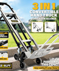 3 In 1 Industrial Convertible Aluminum Hand Truck Dolly Cart with 1000 lbs capacity on stairs, showing features.