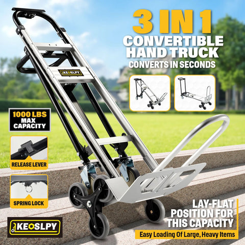 3 In 1 Industrial Convertible Aluminum Hand Truck Dolly Cart with 1000 lbs capacity on stairs, showing features.