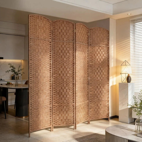 Four-Panel 6-Foot Tall Room Divider Freestanding Privacy Screen With Hand-Woven Paper Rope Diamond-Weave Natural Finish in Living Space