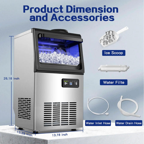 Heavy Duty Beast Mode Commercial Ice Maker 110 Lbs Per Day Under Counter Or Freestanding with accessories including scoop, hoses, and filter