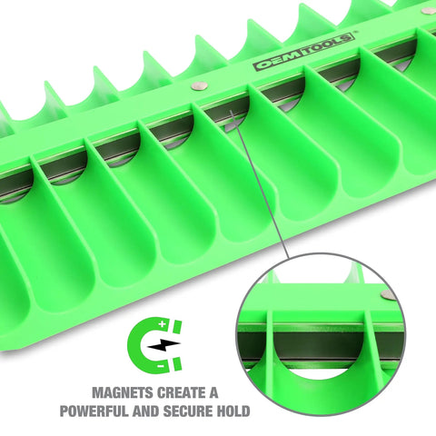 Close-up of green 3/8 Inch Drive Magnetic Socket Organizer Tray Holds Up To 28 Sockets, Deep Tray With Secure Magnetic Grip