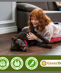 Woman with dog on glossy floor treated with GlazeGuard Satin Porcelain And Ceramic Tile Sealer, showcasing eco-friendly features.
