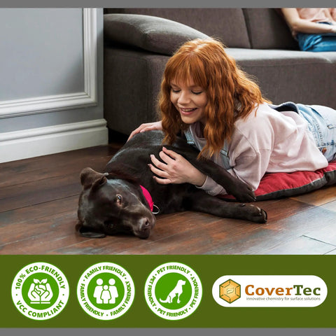 Woman with dog on glossy floor treated with GlazeGuard Satin Porcelain And Ceramic Tile Sealer, showcasing eco-friendly features.