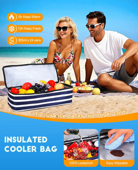 Couple relaxing on beach with Massive 49L Beach Cooler Tote With Insulated Compartment filled with fresh fruits and drinks
