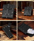 Medieval Wide Belt Set With Leather Belt Large And Small Waist Pouches And Leather Sword Frog For LARP And Halloween Costumes Totally Ready Viking Or Knight All In One Accessory Kit Black Edition on wooden table showing two pouches and a phone inside