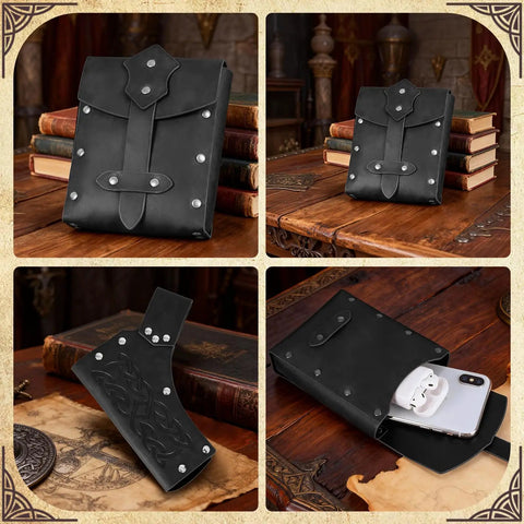 Medieval Wide Belt Set With Leather Belt Large And Small Waist Pouches And Leather Sword Frog For LARP And Halloween Costumes Totally Ready Viking Or Knight All In One Accessory Kit Black Edition on wooden table showing two pouches and a phone inside