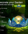 Solar Lotus Flower Garden Lights For Outdoor Patio Decor with gradient blue metal petals and warm amber glow crackle ball