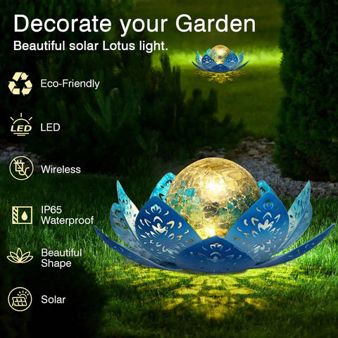 Solar Lotus Flower Garden Lights For Outdoor Patio Decor with gradient blue metal petals and warm amber glow crackle ball