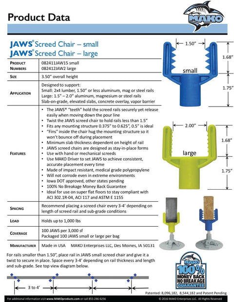 Product data sheet for small concrete screed chair, includes dimensions and material specifications, focus keyword included.