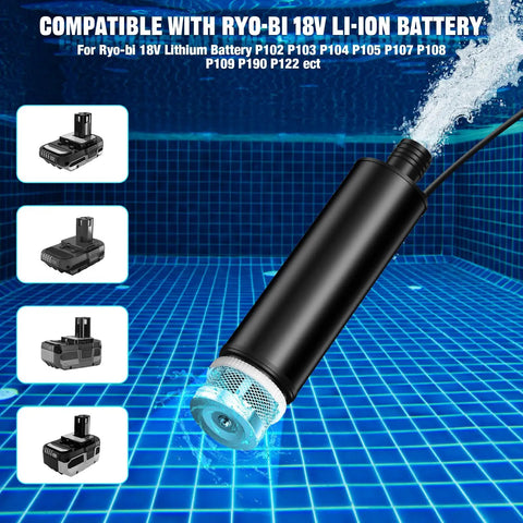 Top Tier 635 Gph Submersible Sump Pump With Brushless Motor Engineered For Ryobi 18v Cordless Battery setup in water.