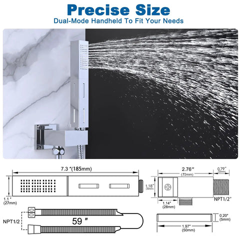 Two Settings Handheld Sprayer High Pressure Shower Head With 59 Inch Flexible Hose Square 2 In 1 Model Solid Brass