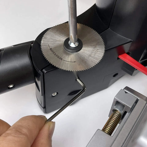 Close-up of a Mini Miter Cut Off Saw For Hobby Crafts And Model Making Cuts Wood Plastic Aluminum Brass Up To One Half Inch