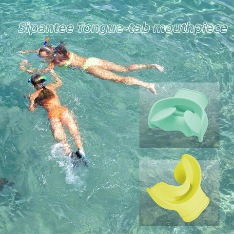 Two Pack Silicone Snorkel Mouthpiece Replacement for Scuba Regulators, two divers snorkeling, yellow and aqua blue mouthpieces visible