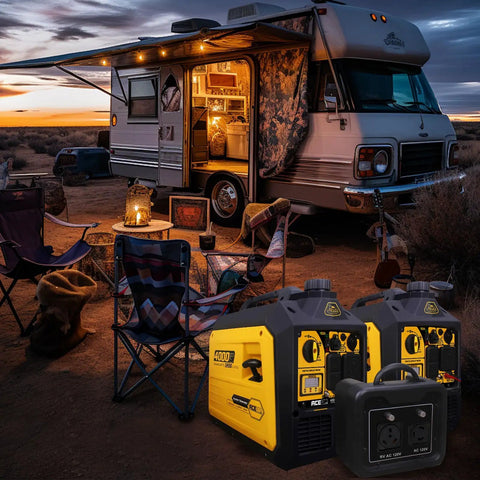4000 Watt Portable Inverter Generator with 149cc 4 Stroke OHV Engine beside RV at sunset campsite