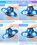 Ultra Cool Kids Flying Drone Toy For Indoor Outdoor Fun 2026 Upgrade LED Fidget Spinner, showing four flight modes: roundabout, low-altitude, dive, and suspended play, with blue LED lights.