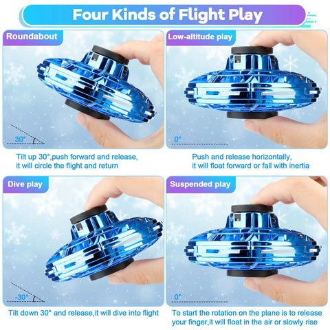 Ultra Cool Kids Flying Drone Toy For Indoor Outdoor Fun 2026 Upgrade LED Fidget Spinner, showing four flight modes: roundabout, low-altitude, dive, and suspended play, with blue LED lights.